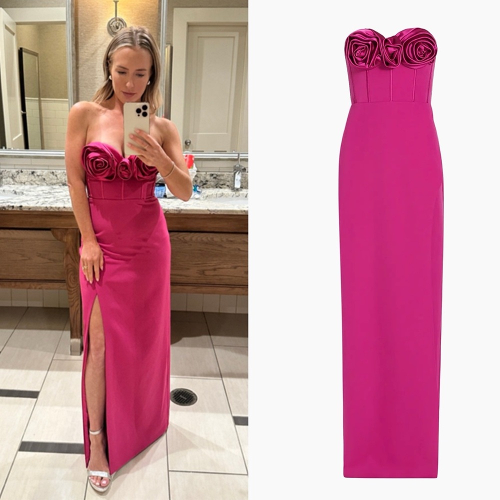 Monique Lhuillier Stella Rosette Strapless Corset Maxi Dress Fuchsia Sz 4
